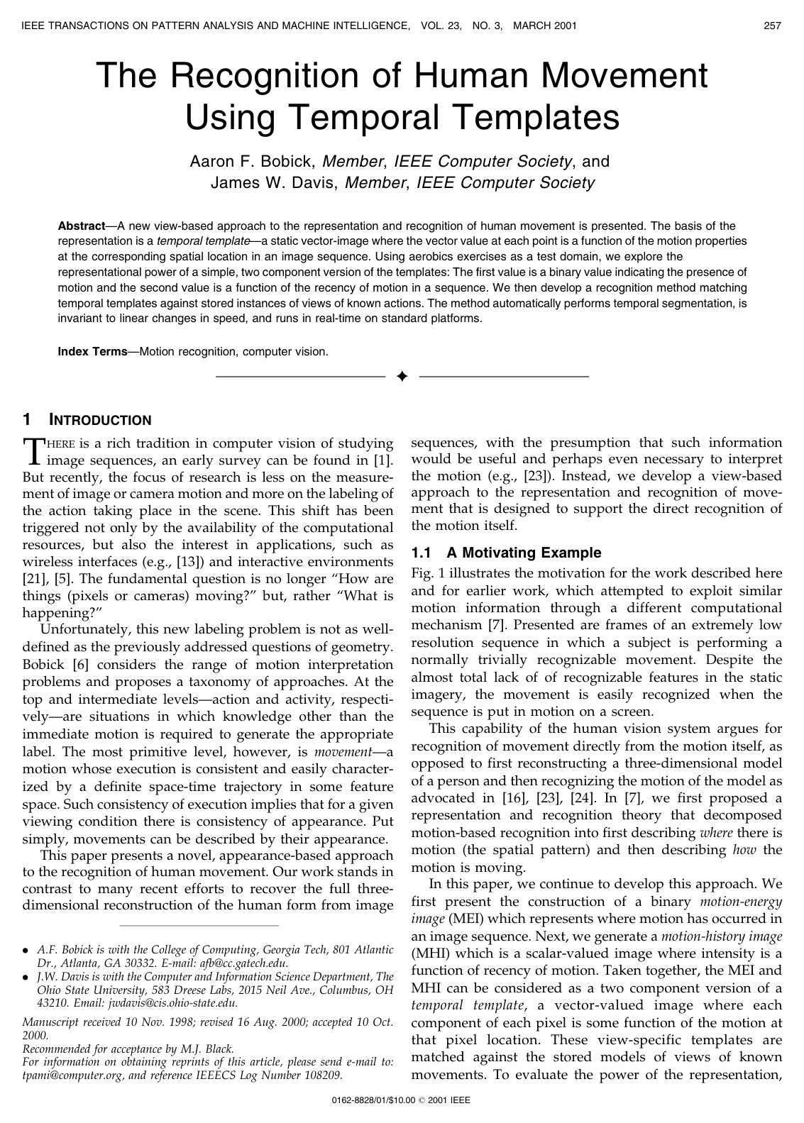 Cover for The Recognition of Human Movement Using Temporal Templates