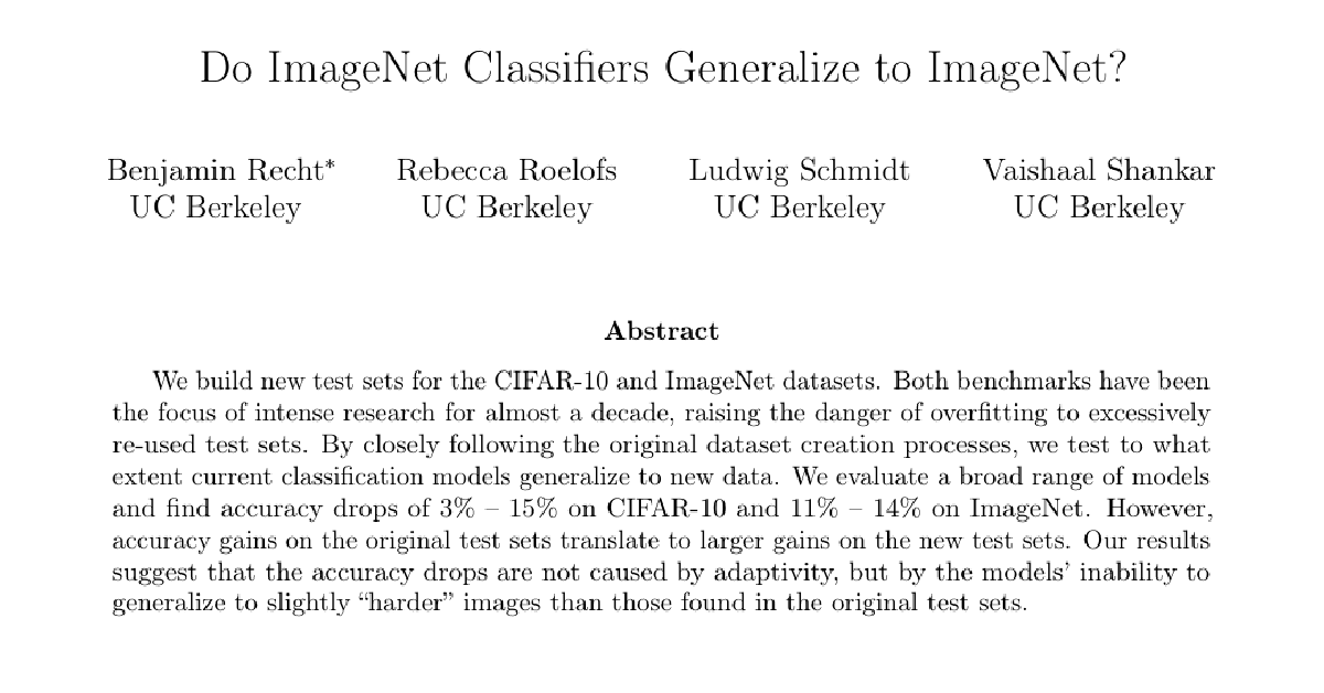 Do ImageNet Classifiers Generalize to ImageNet? cover