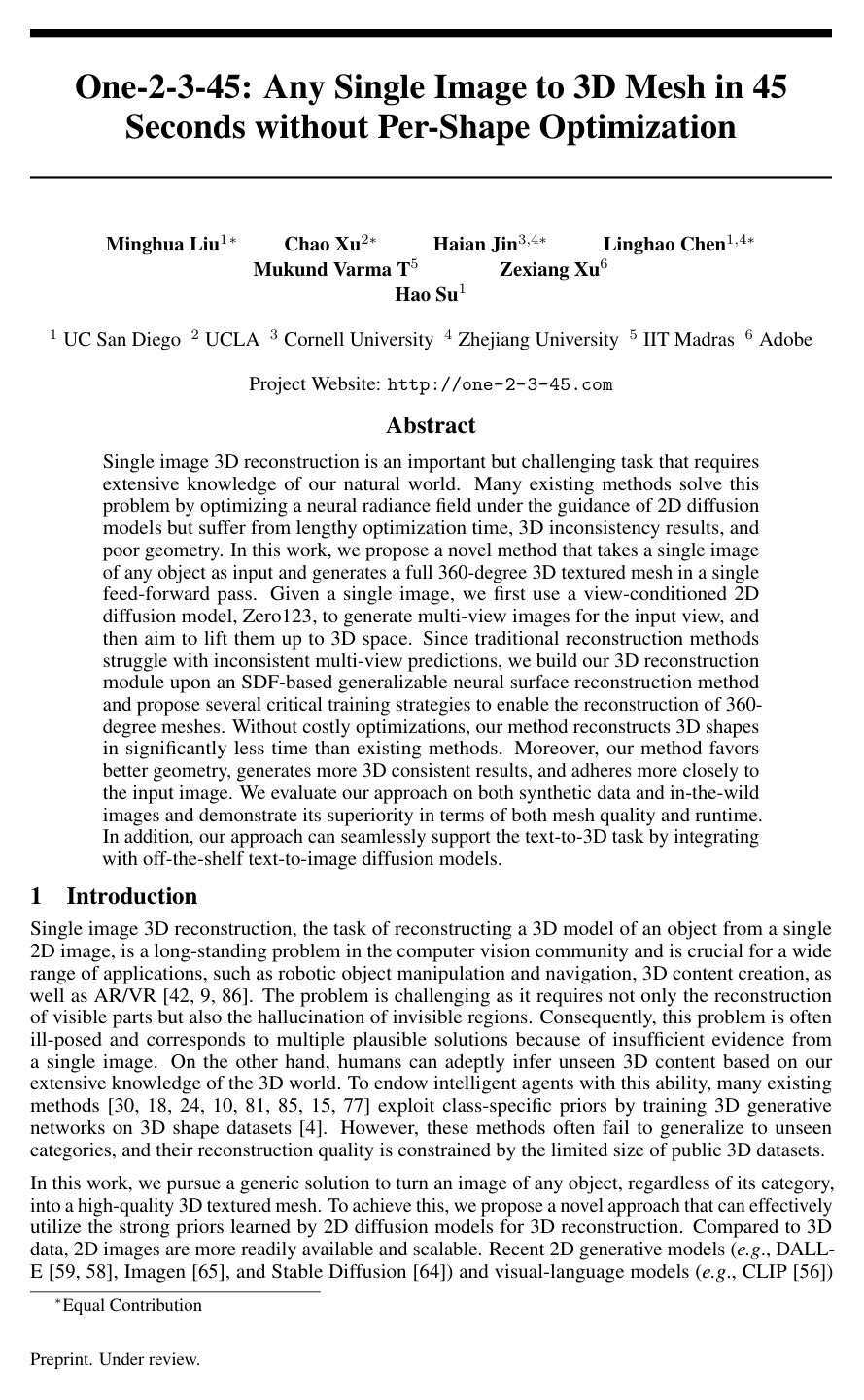 One-2-3-45: Any Single Image to 3D Mesh in 45 Seconds without Per-Shape Optimization