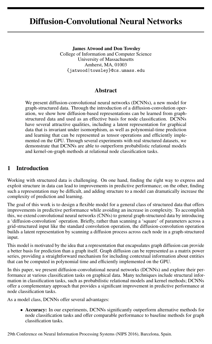Cover for Diffusion-Convolutional Neural Networks