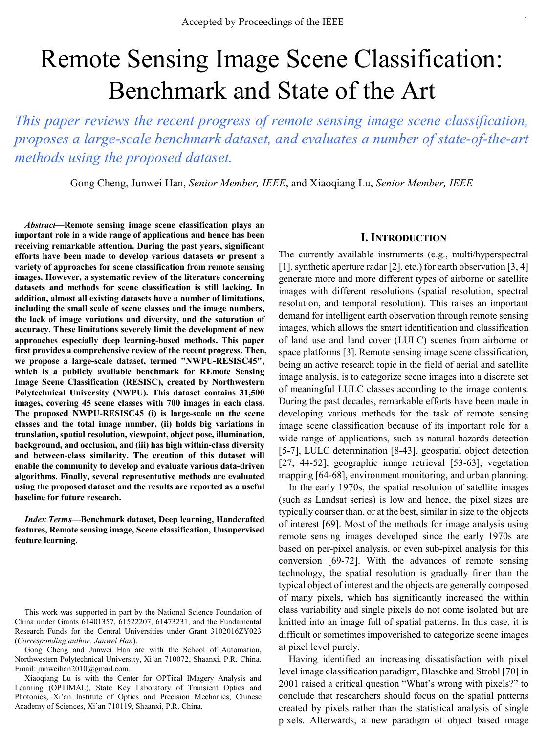 Remote Sensing Image Scene Classification: Benchmark and State of the Art