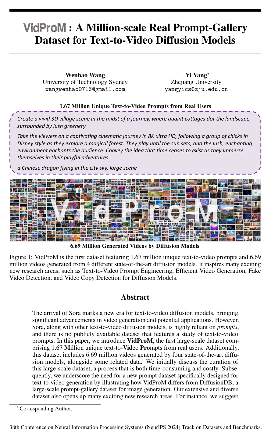 Cover for VidProM: A Million-scale Real Prompt-Gallery Dataset for Text-to-Video Diffusion Models