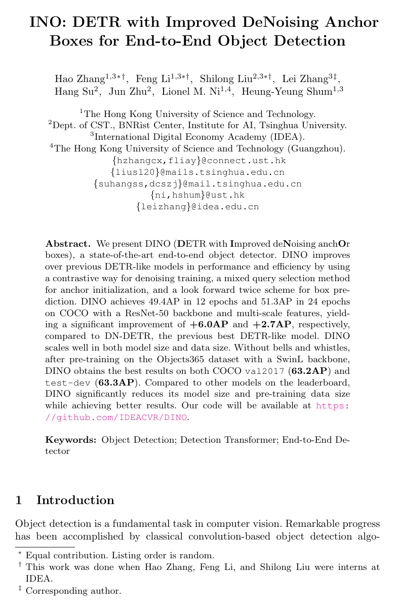 DINO: DETR with Improved DeNoising Anchor Boxes for End-to-End Object Detection