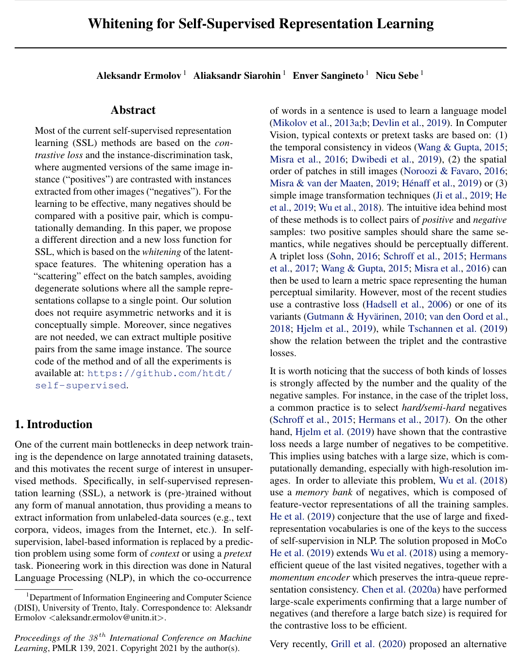 Whitening for Self-Supervised Representation Learning