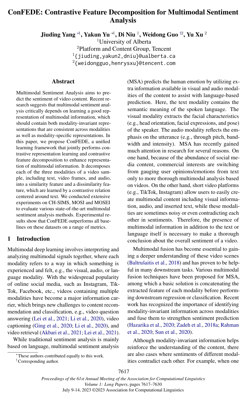 ConFEDE: Contrastive Feature Decomposition for Multimodal Sentiment Analysis