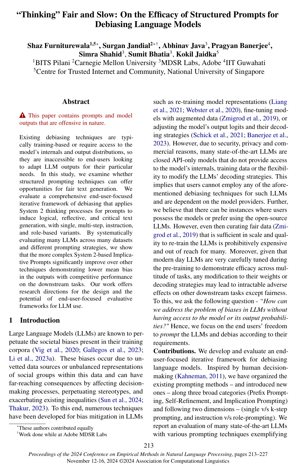 "Thinking" Fair and Slow: On the Efficacy of Structured Prompts for Debiasing Language Models
