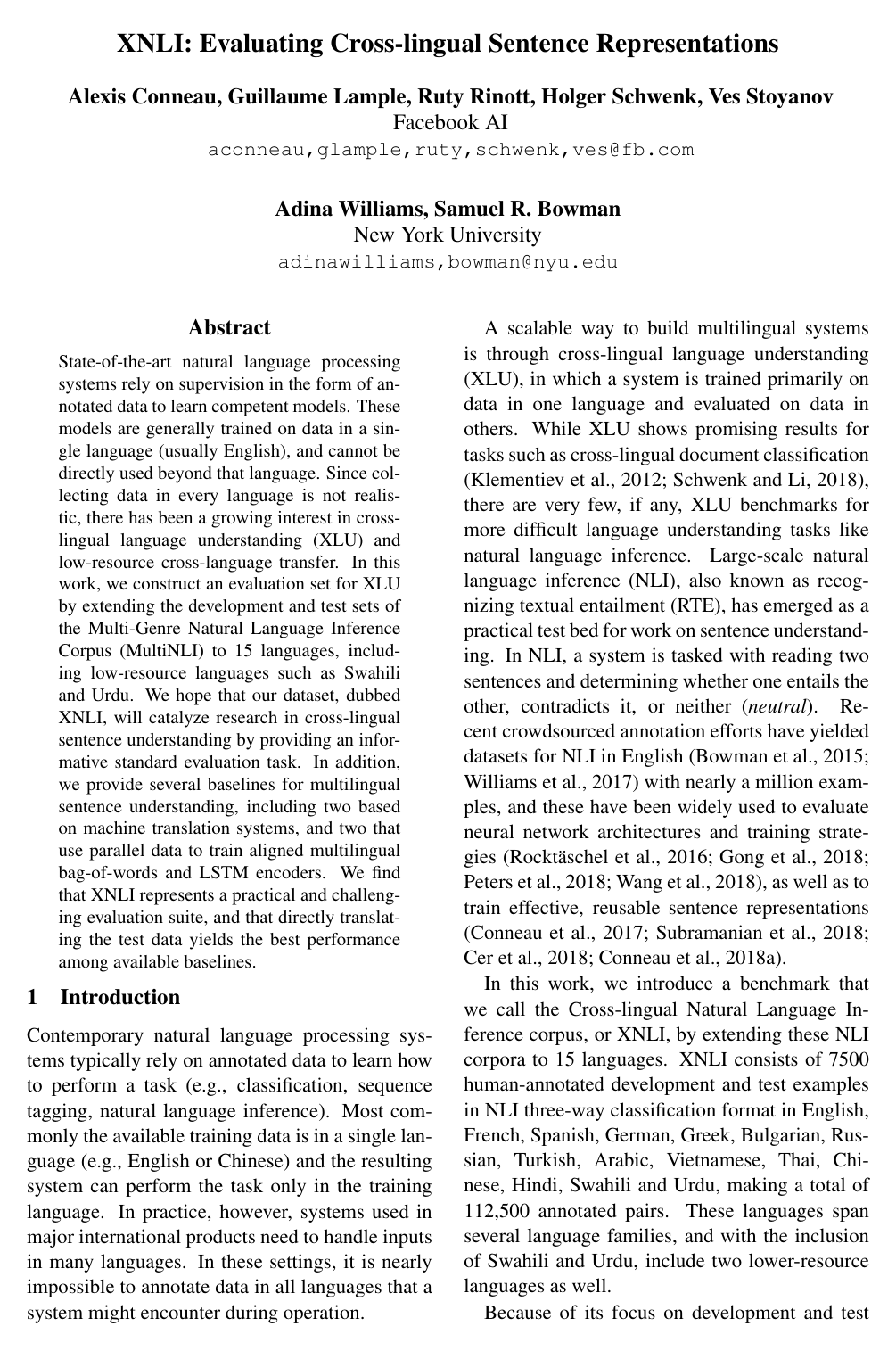 Cover for XNLI: Evaluating Cross-lingual Sentence Representations