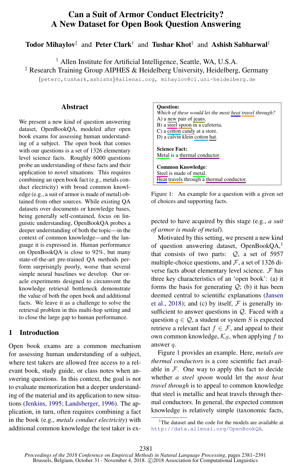 Cover for Can a Suit of Armor Conduct Electricity? A New Dataset for Open Book Question Answering