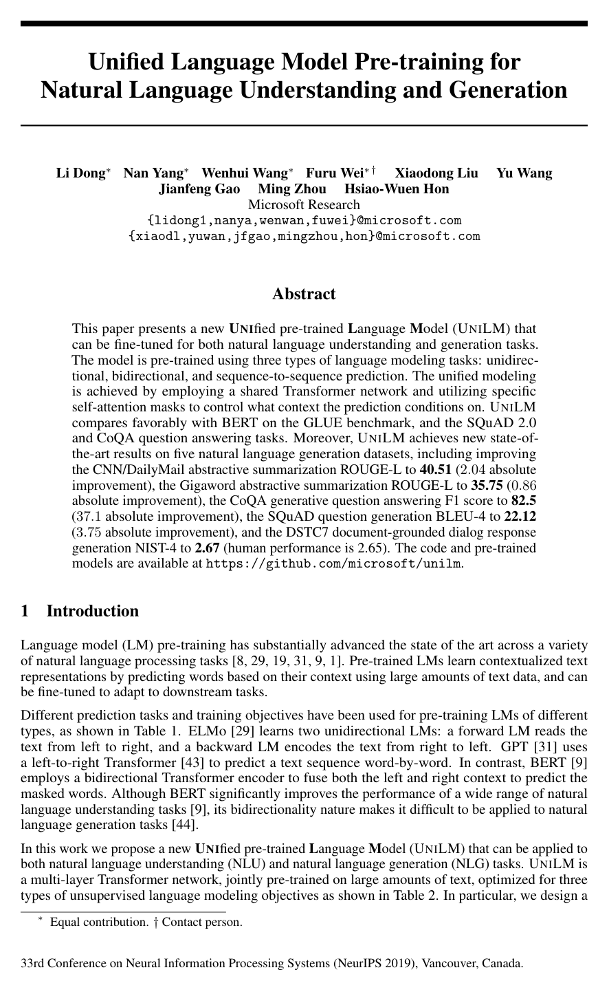 Unified Language Model Pre-training for Natural Language Understanding and Generation