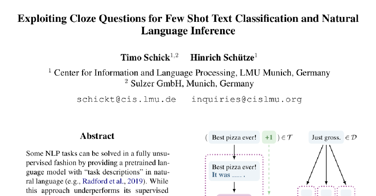 Exploiting Cloze-Questions for Few-Shot Text Classification and Natural Language Inference cover