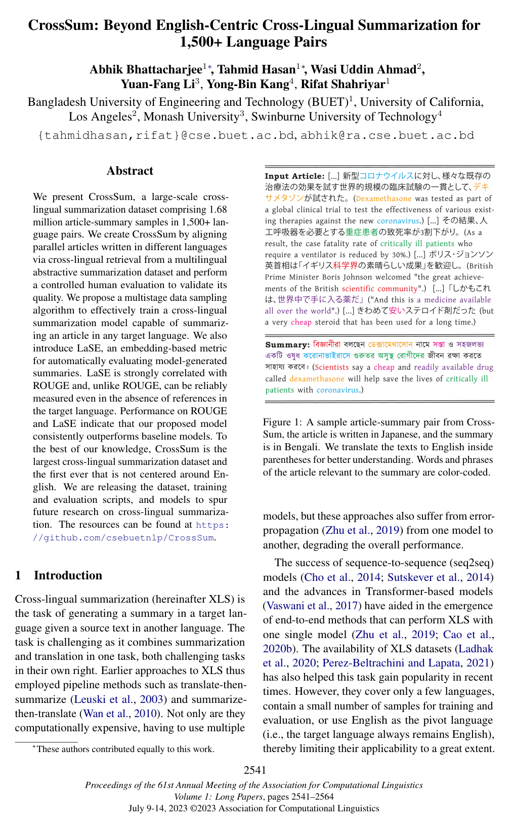 CrossSum: Beyond English-Centric Cross-Lingual Summarization for 1, 500+ Language Pairs