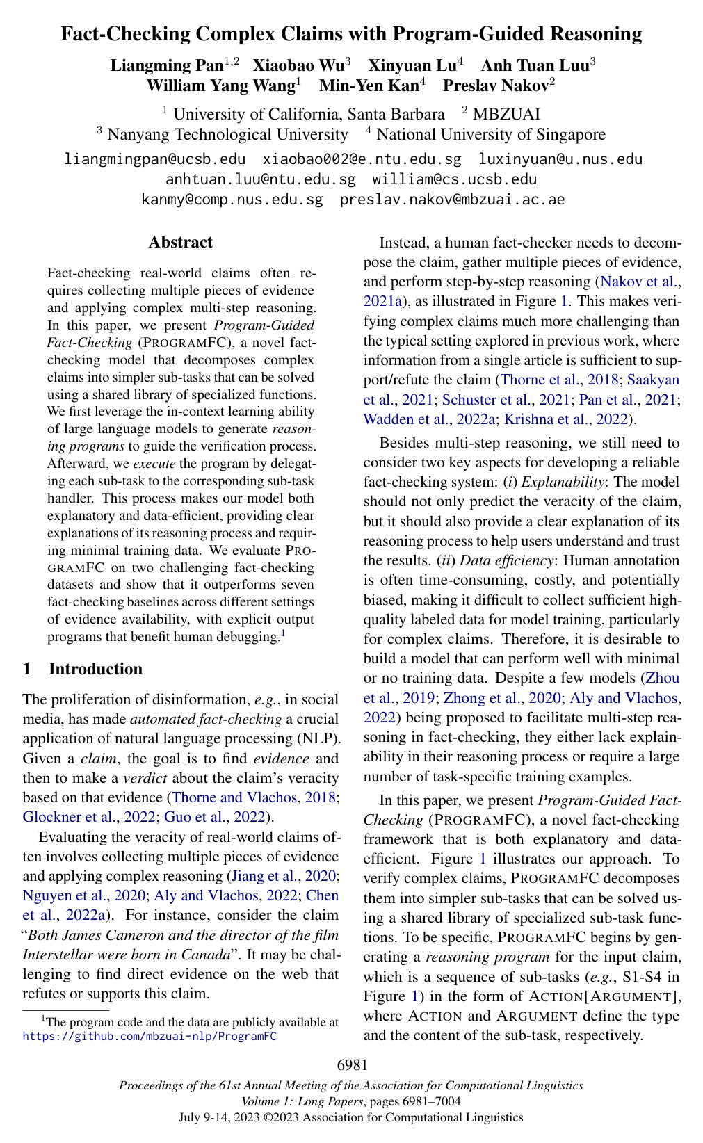 Fact-Checking Complex Claims with Program-Guided Reasoning