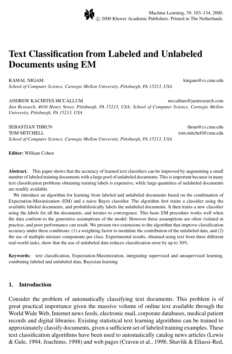 Cover for Text Classification from Labeled and Unlabeled Documents using EM