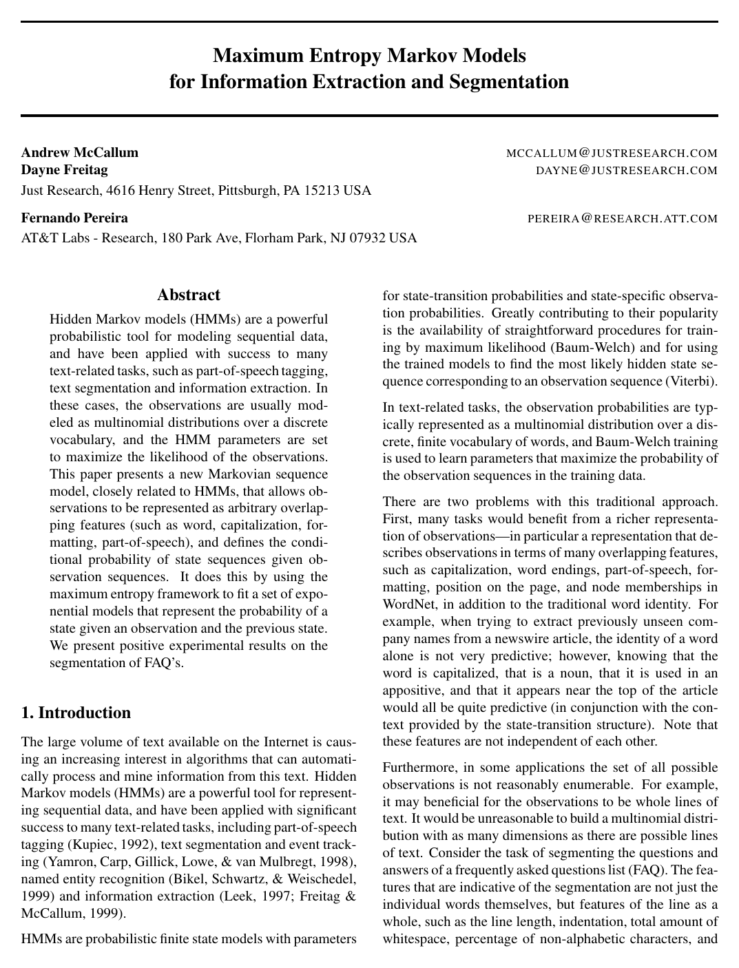 Cover for Maximum Entropy Markov Models for Information Extraction and Segmentation