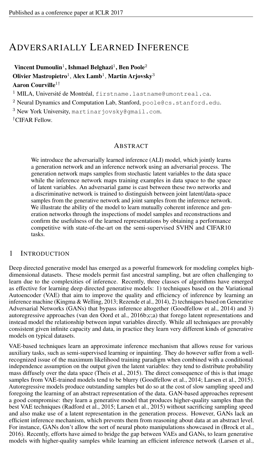Adversarially Learned Inference