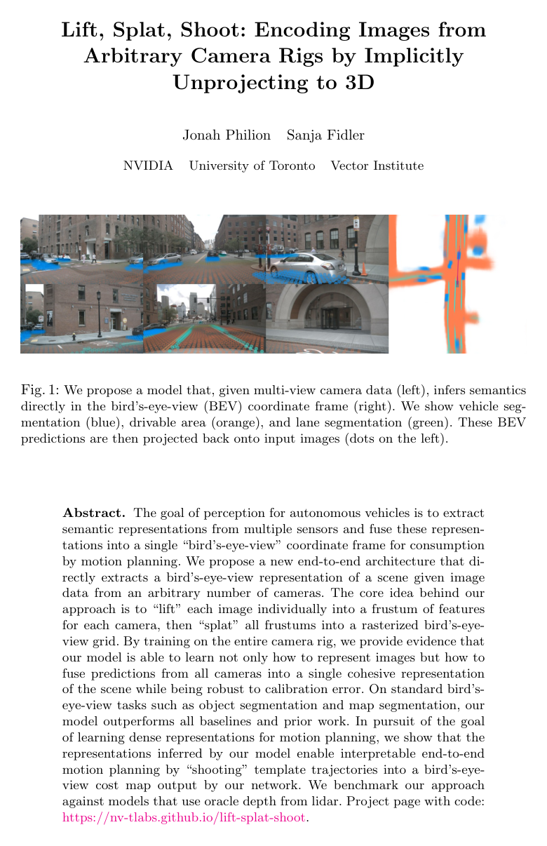 Cover for Lift, Splat, Shoot: Encoding Images From Arbitrary Camera Rigs by Implicitly Unprojecting to 3D