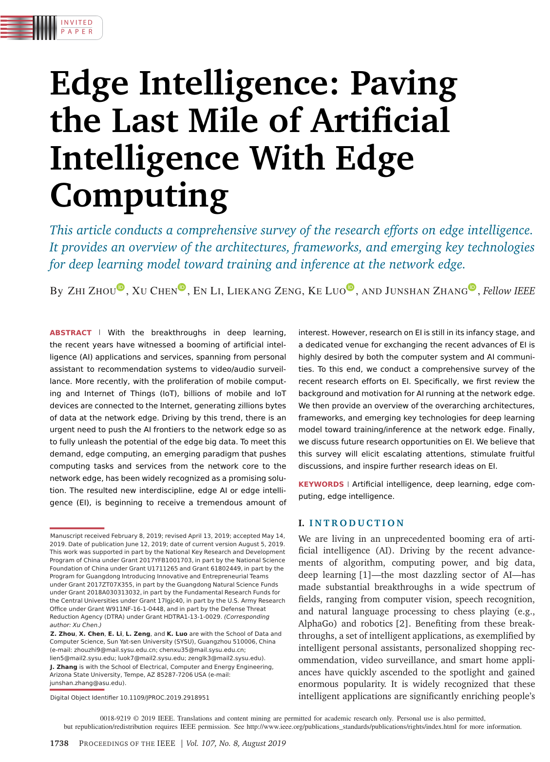 Cover for Edge Intelligence: Paving the Last Mile of Artificial Intelligence With Edge Computing