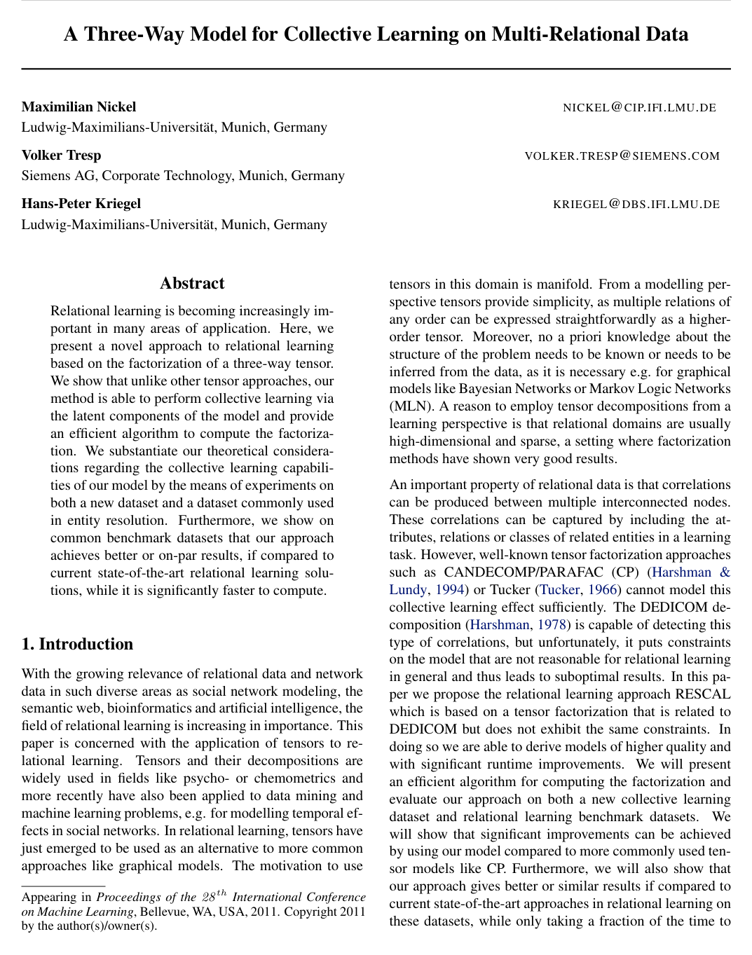 Cover for A Three-Way Model for Collective Learning on Multi-Relational Data