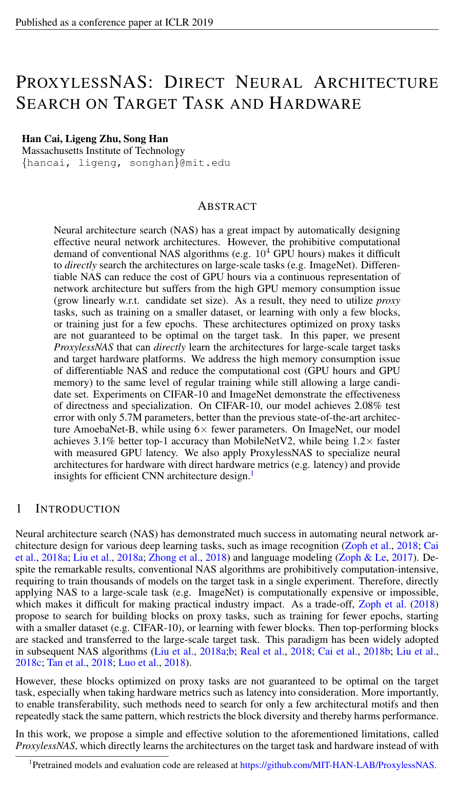 Cover for ProxylessNAS: Direct Neural Architecture Search on Target Task and Hardware
