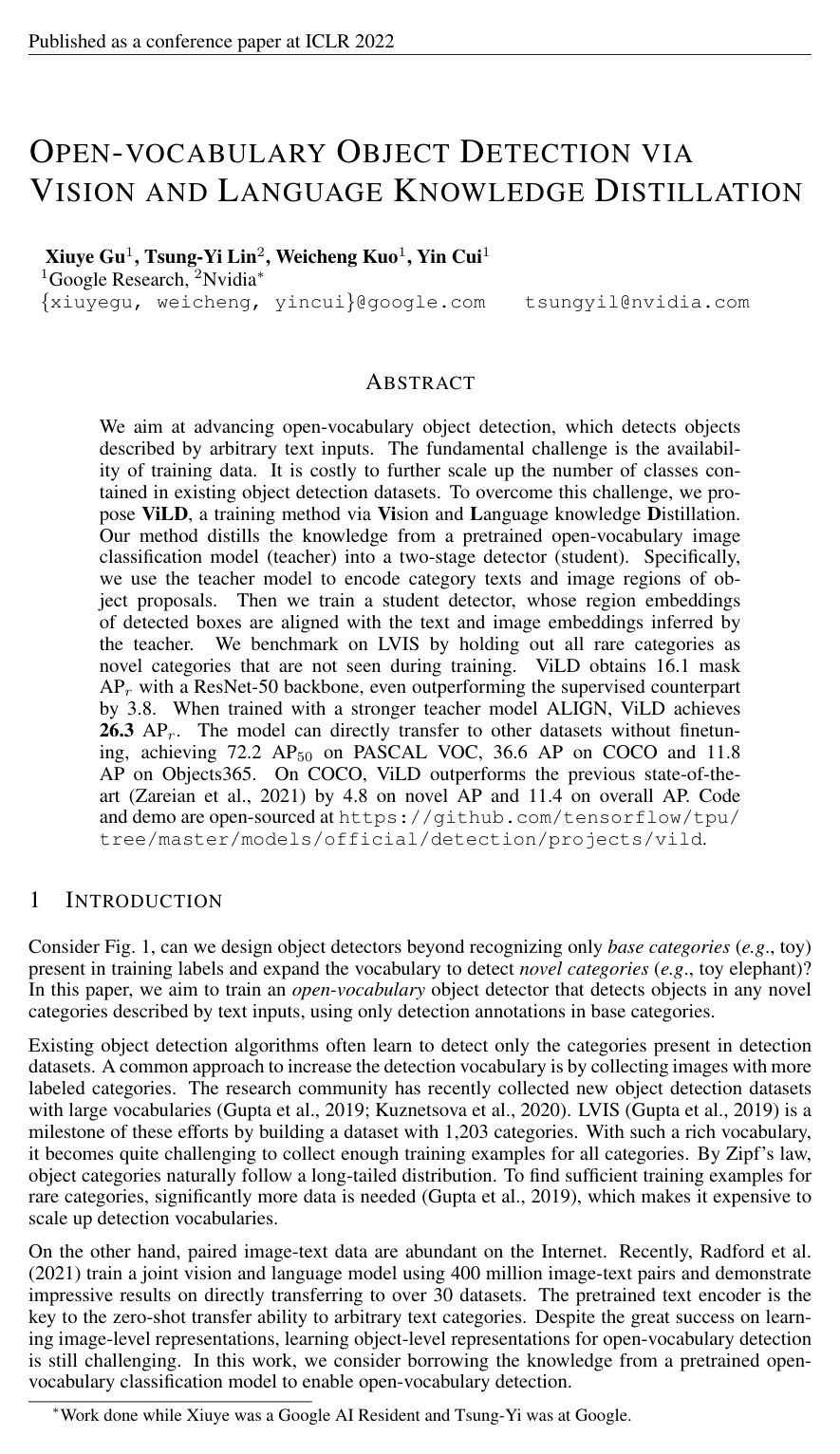 Cover for Open-vocabulary Object Detection via Vision and Language Knowledge Distillation