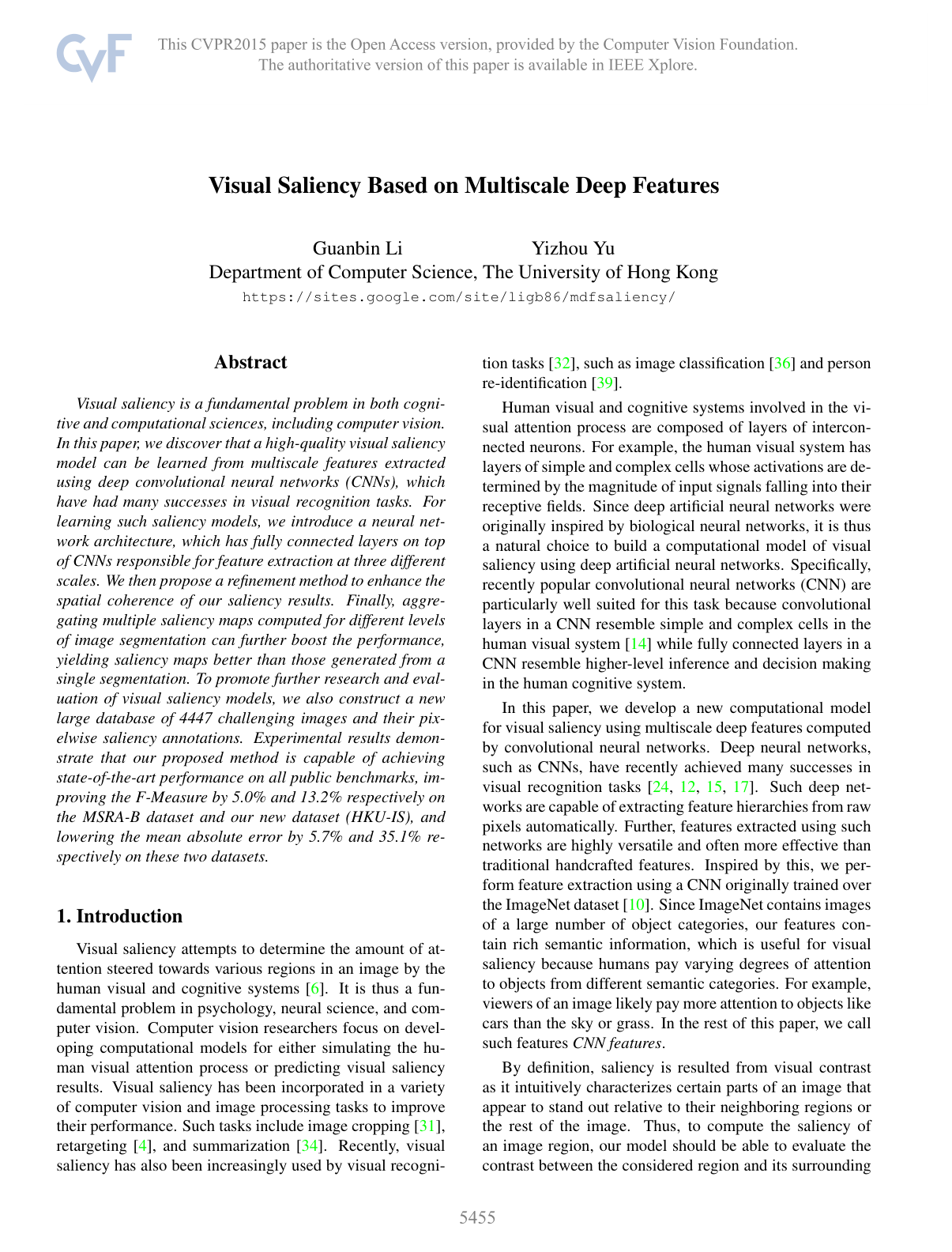 Visual saliency based on multiscale deep features
