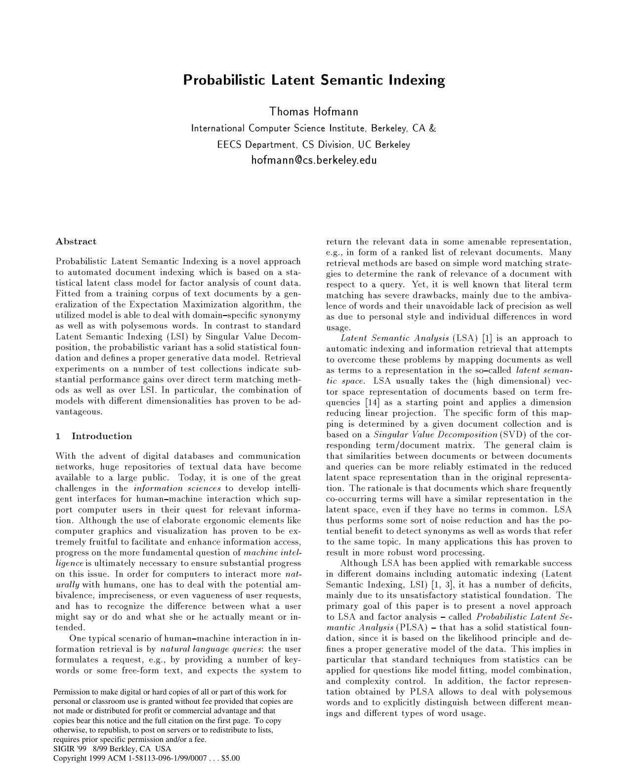 Probabilistic latent semantic indexing