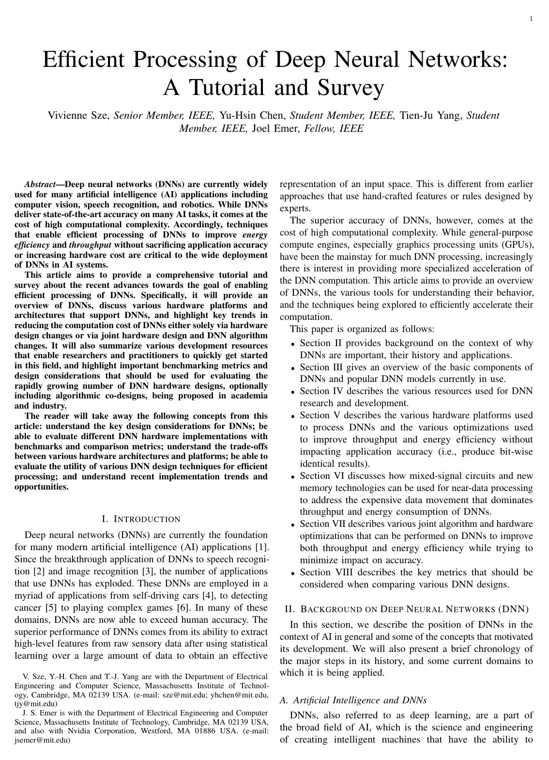 Cover for Efficient Processing of Deep Neural Networks: A Tutorial and Survey