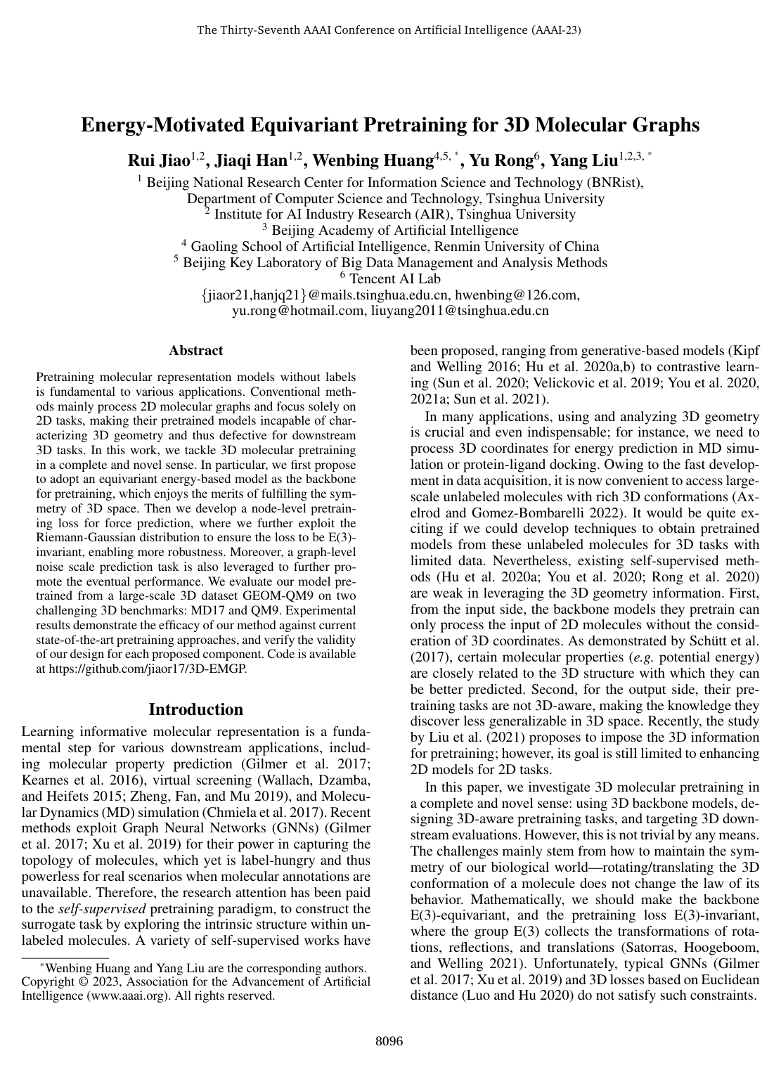 Cover for Energy-Motivated Equivariant Pretraining for 3D Molecular Graphs