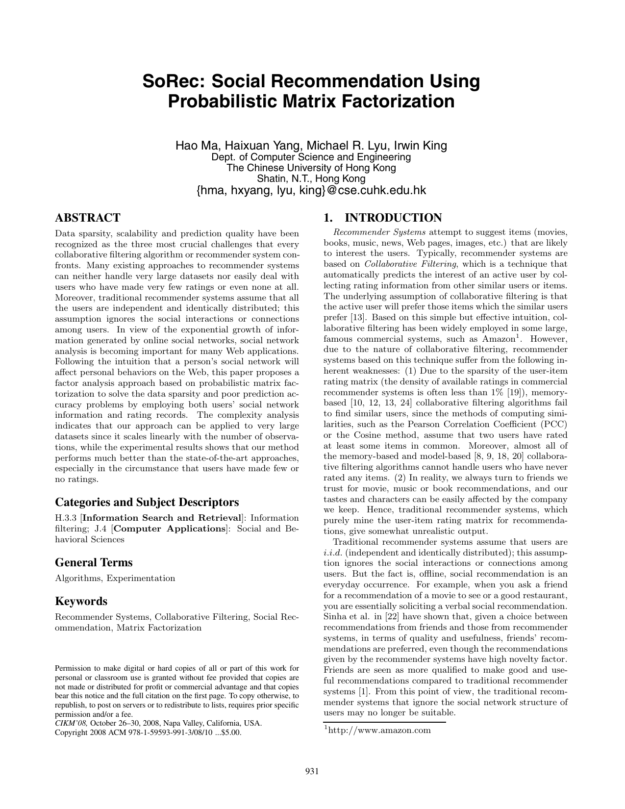 Cover for SoRec: social recommendation using probabilistic matrix factorization