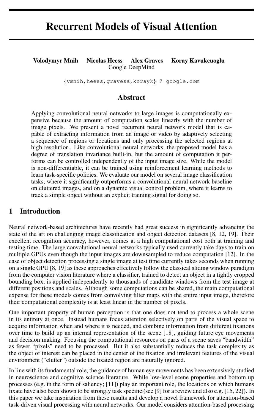 Recurrent Models of Visual Attention