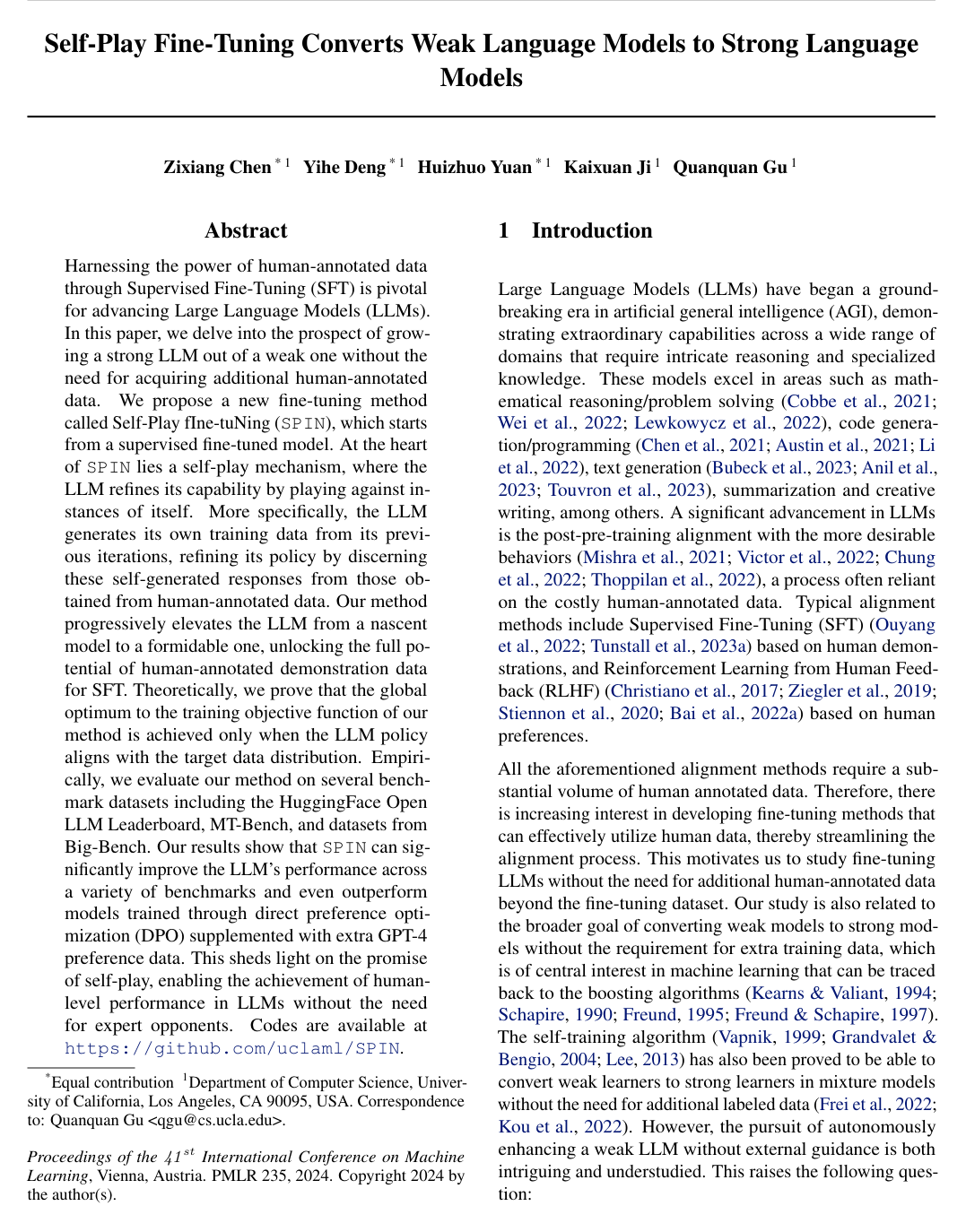 Self-Play Fine-Tuning Converts Weak Language Models to Strong Language Models