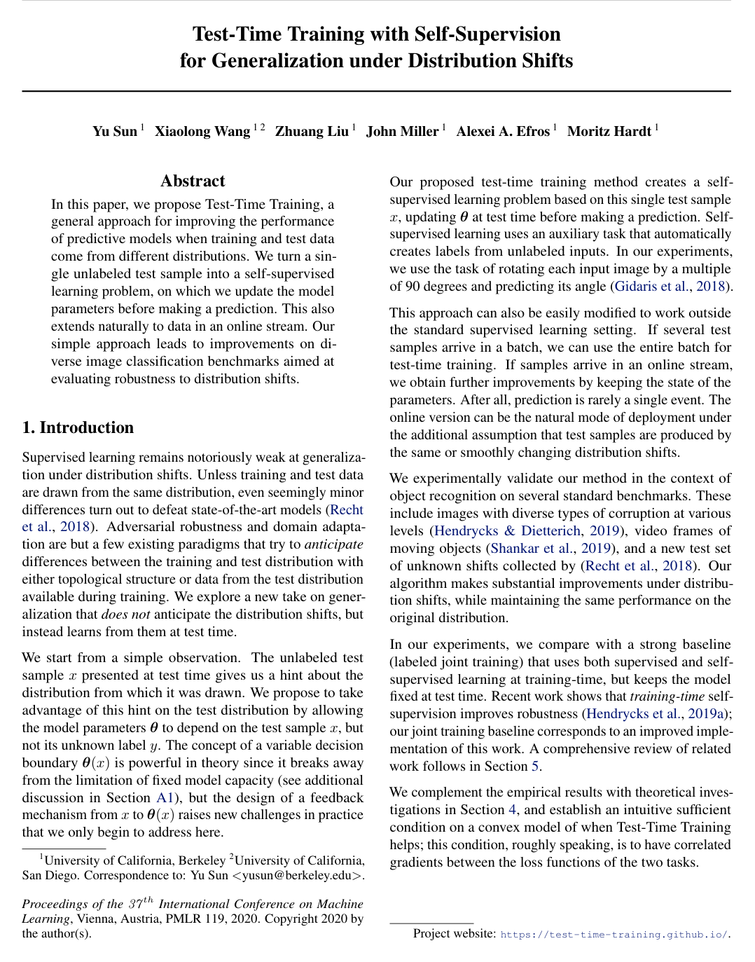 Test-Time Training with Self-Supervision for Generalization under Distribution Shifts