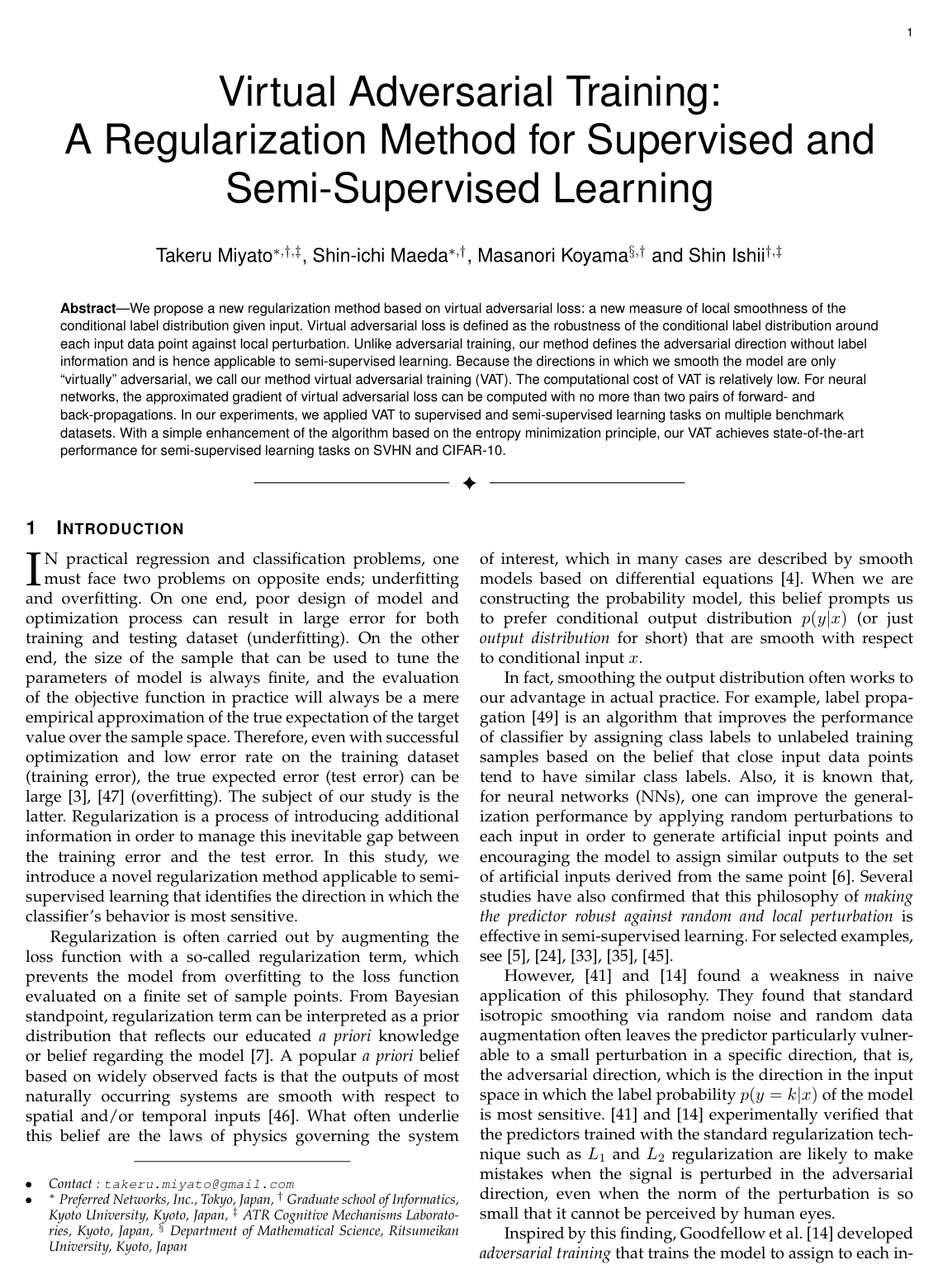 Cover for Virtual Adversarial Training: A Regularization Method for Supervised and Semi-Supervised Learning