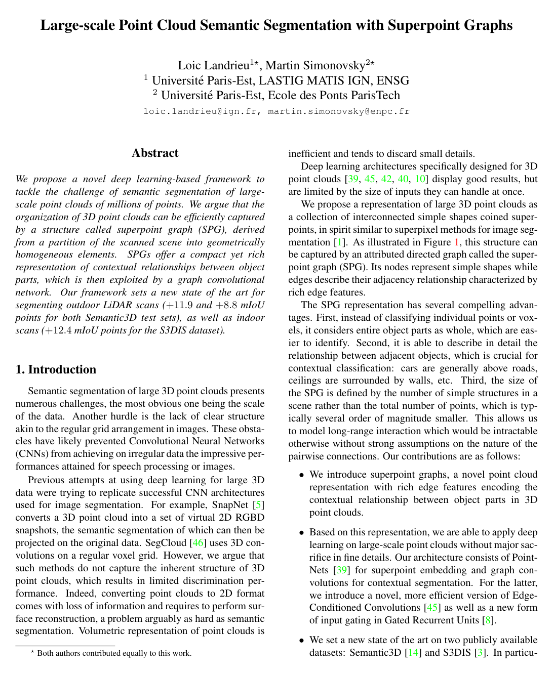 Large-Scale Point Cloud Semantic Segmentation with Superpoint Graphs