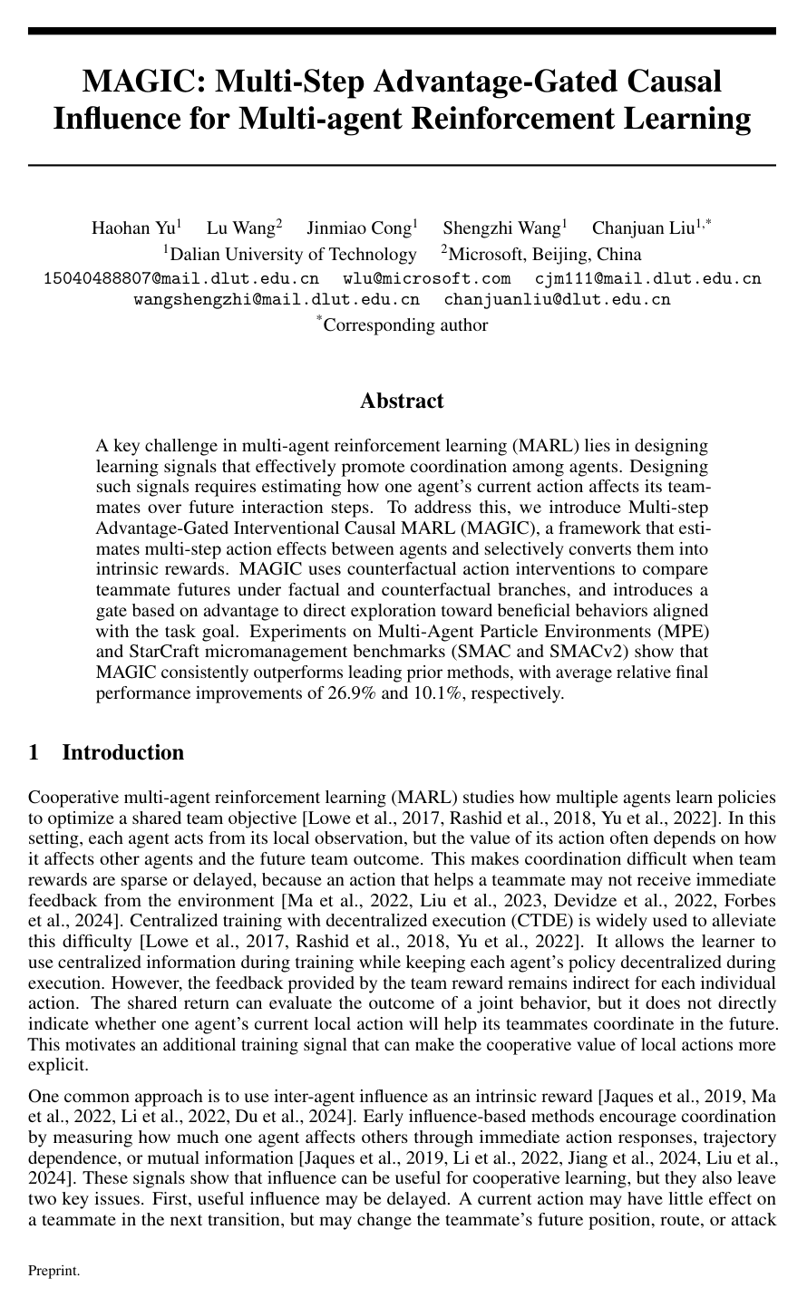 Cover for MAGIC: Multi-Step Advantage-Gated Causal Influence for Multi-agent Reinforcement Learning