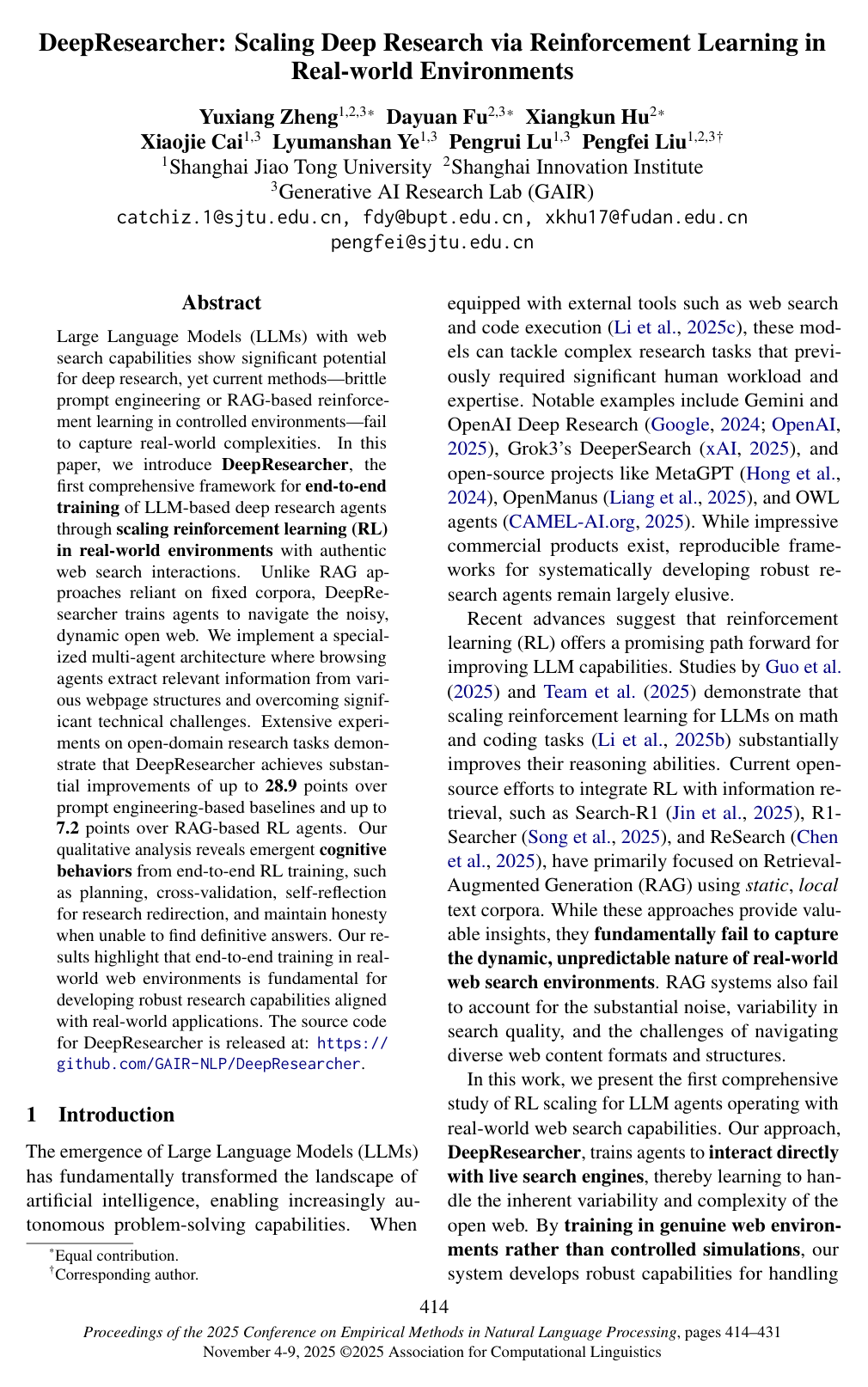 DeepResearcher: Scaling Deep Research via Reinforcement Learning in Real-world Environments