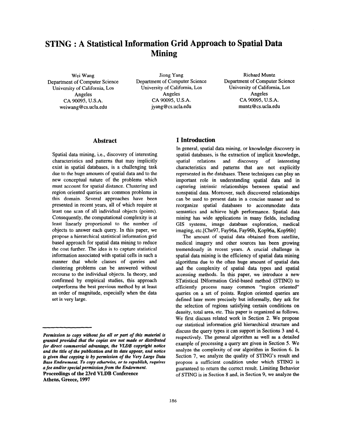 Cover for STING: A Statistical Information Grid Approach to Spatial Data Mining