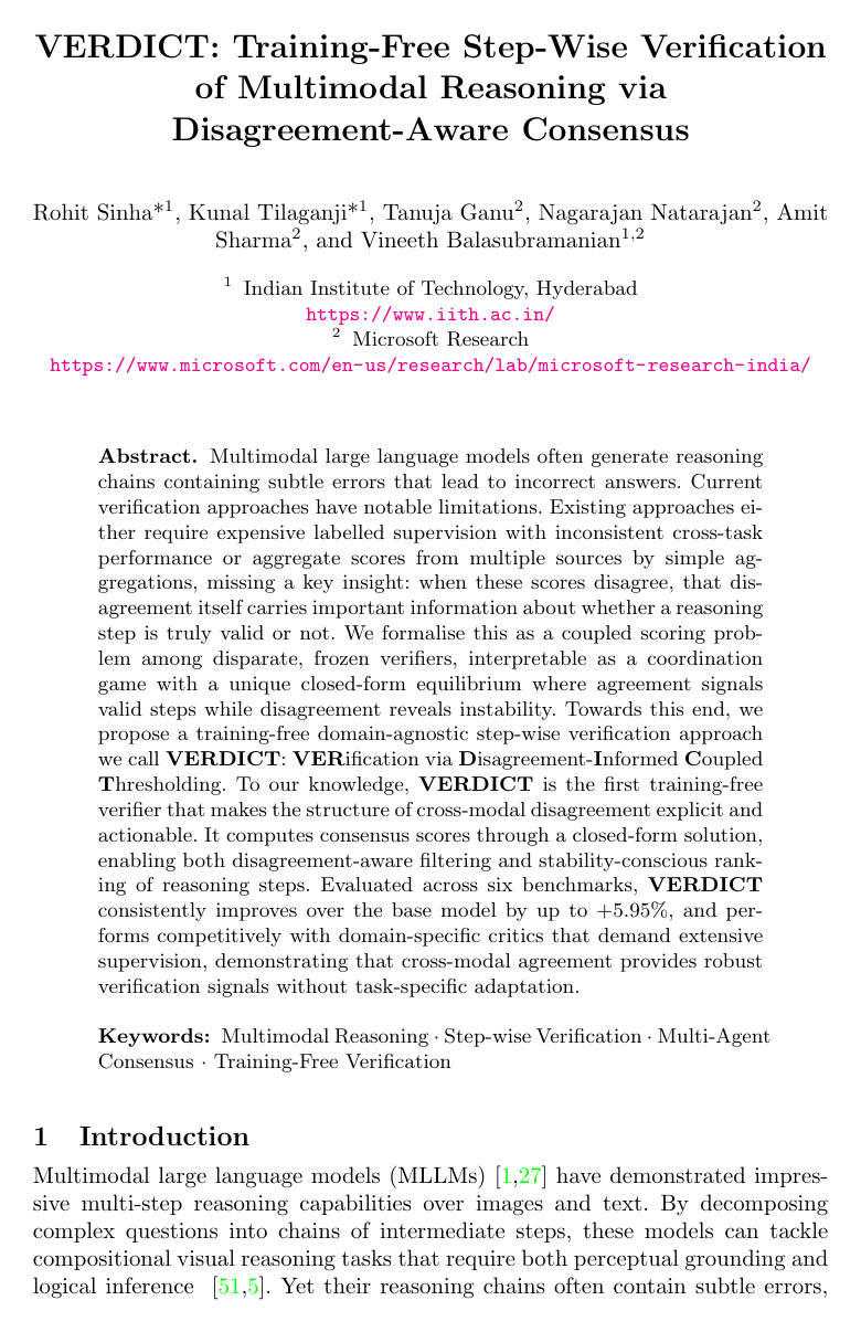 VERDICT: Training-Free Step-Wise Verification of Multimodal Reasoning via Disagreement-Aware Consensus