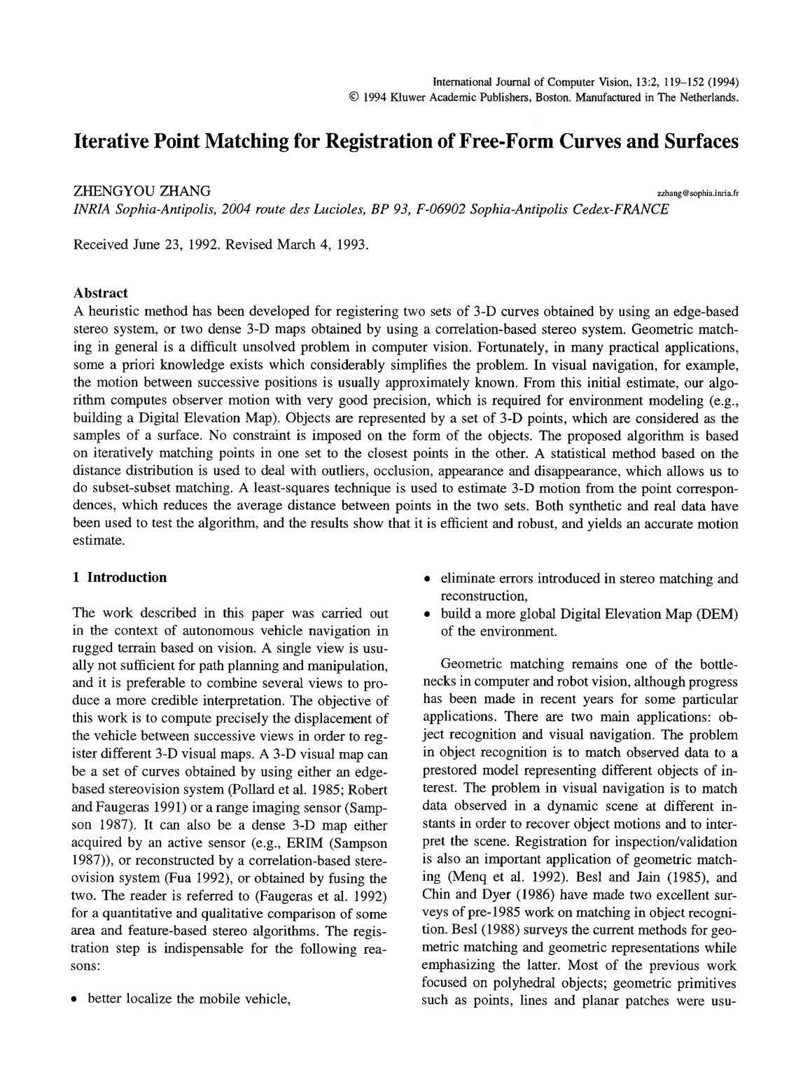 Cover for Iterative point matching for registration of free-form curves and surfaces