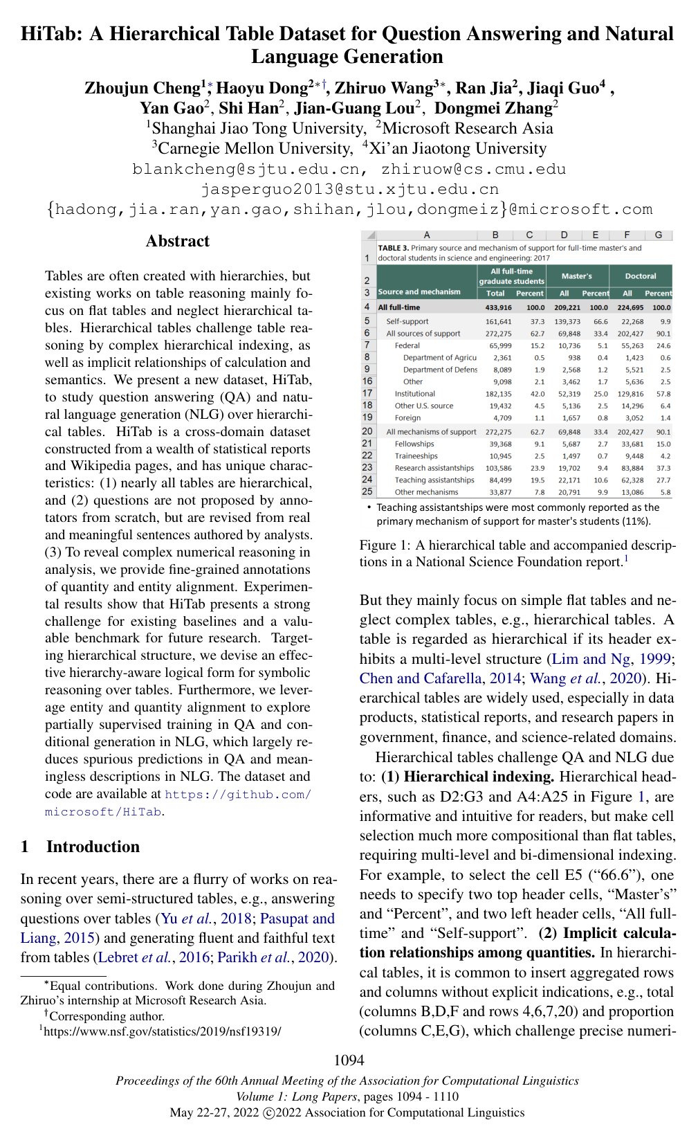 HiTab: A Hierarchical Table Dataset for Question Answering and Natural Language Generation