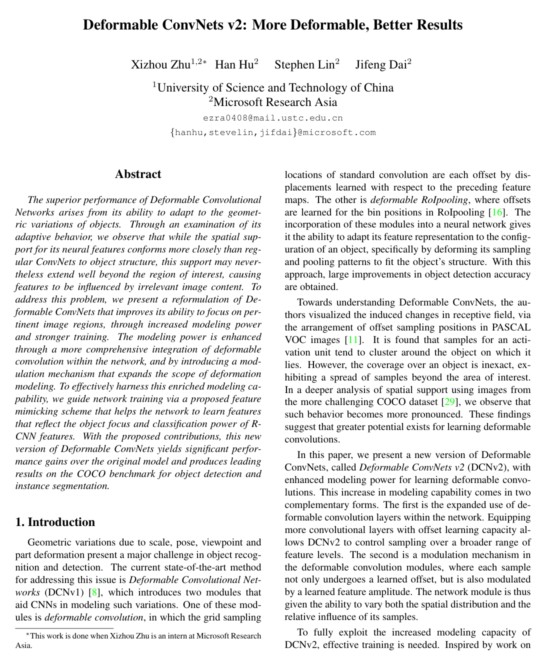 Cover for Deformable ConvNets V2: More Deformable, Better Results