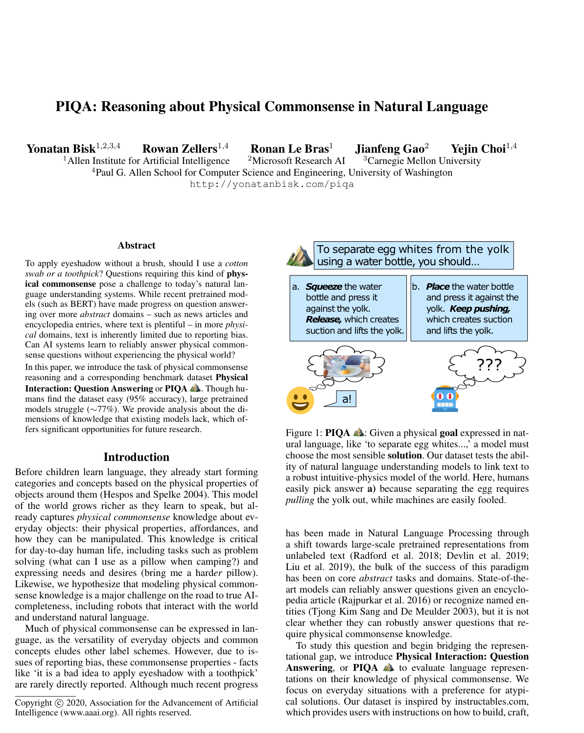 PIQA: Reasoning about Physical Commonsense in Natural Language