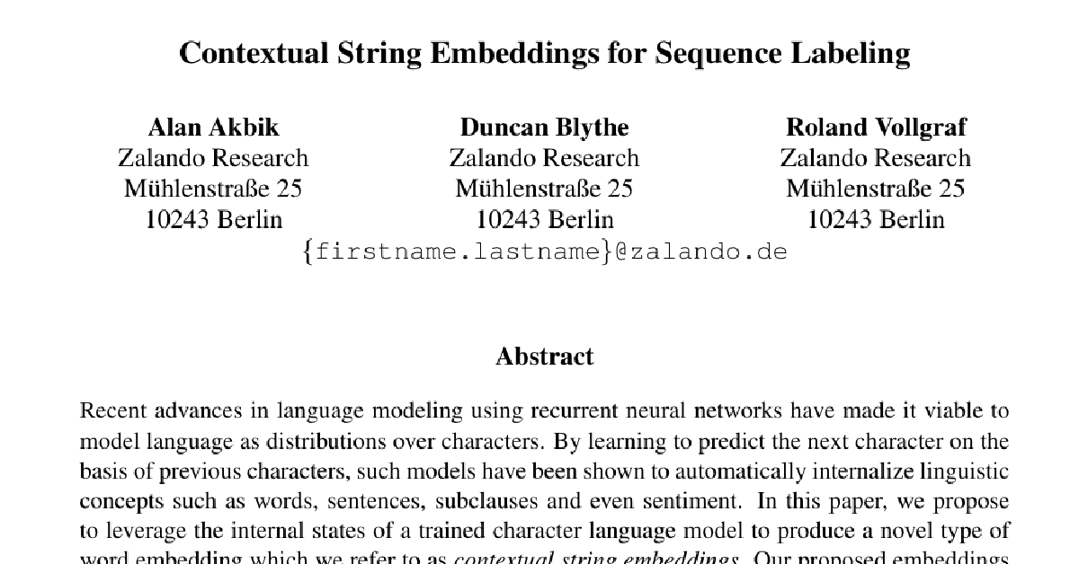 Contextual String Embeddings for Sequence Labeling cover
