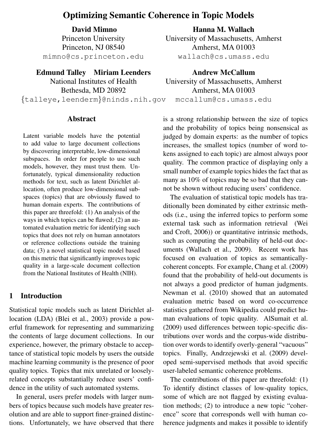 Cover for Optimizing Semantic Coherence in Topic Models