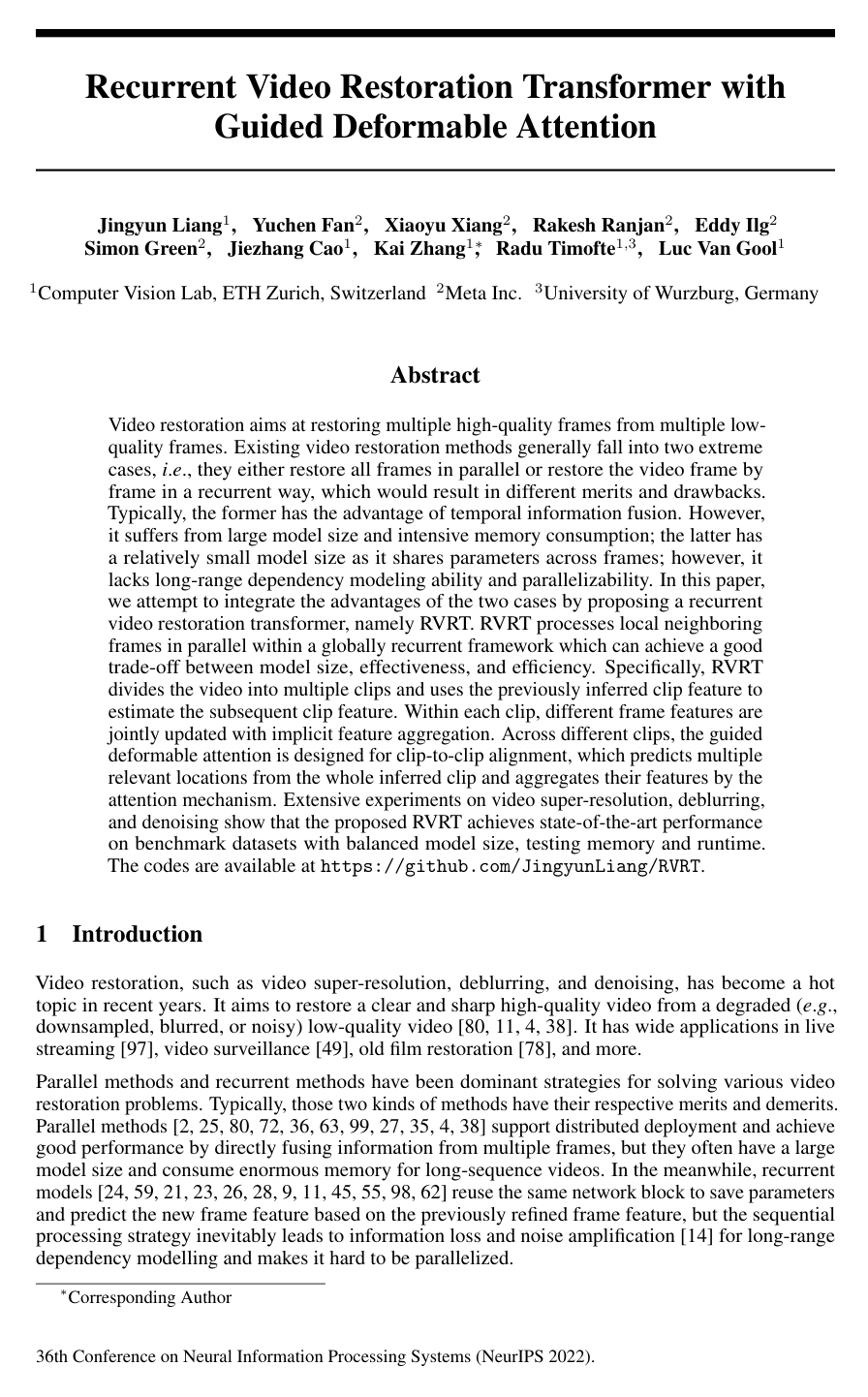 Cover for Recurrent Video Restoration Transformer with Guided Deformable Attention
