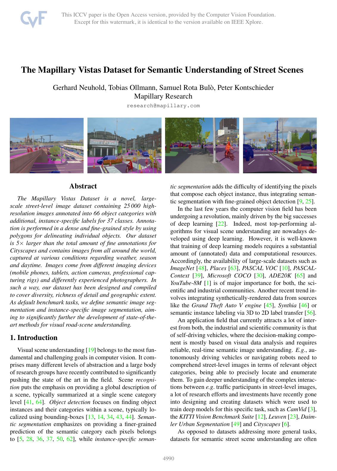 The Mapillary Vistas Dataset for Semantic Understanding of Street Scenes