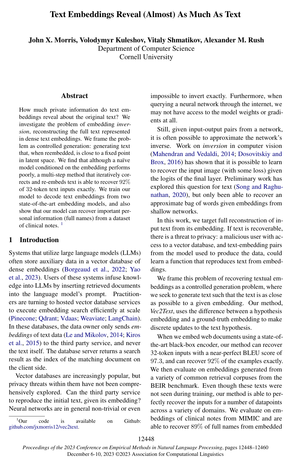 Text Embeddings Reveal (Almost) As Much As Text