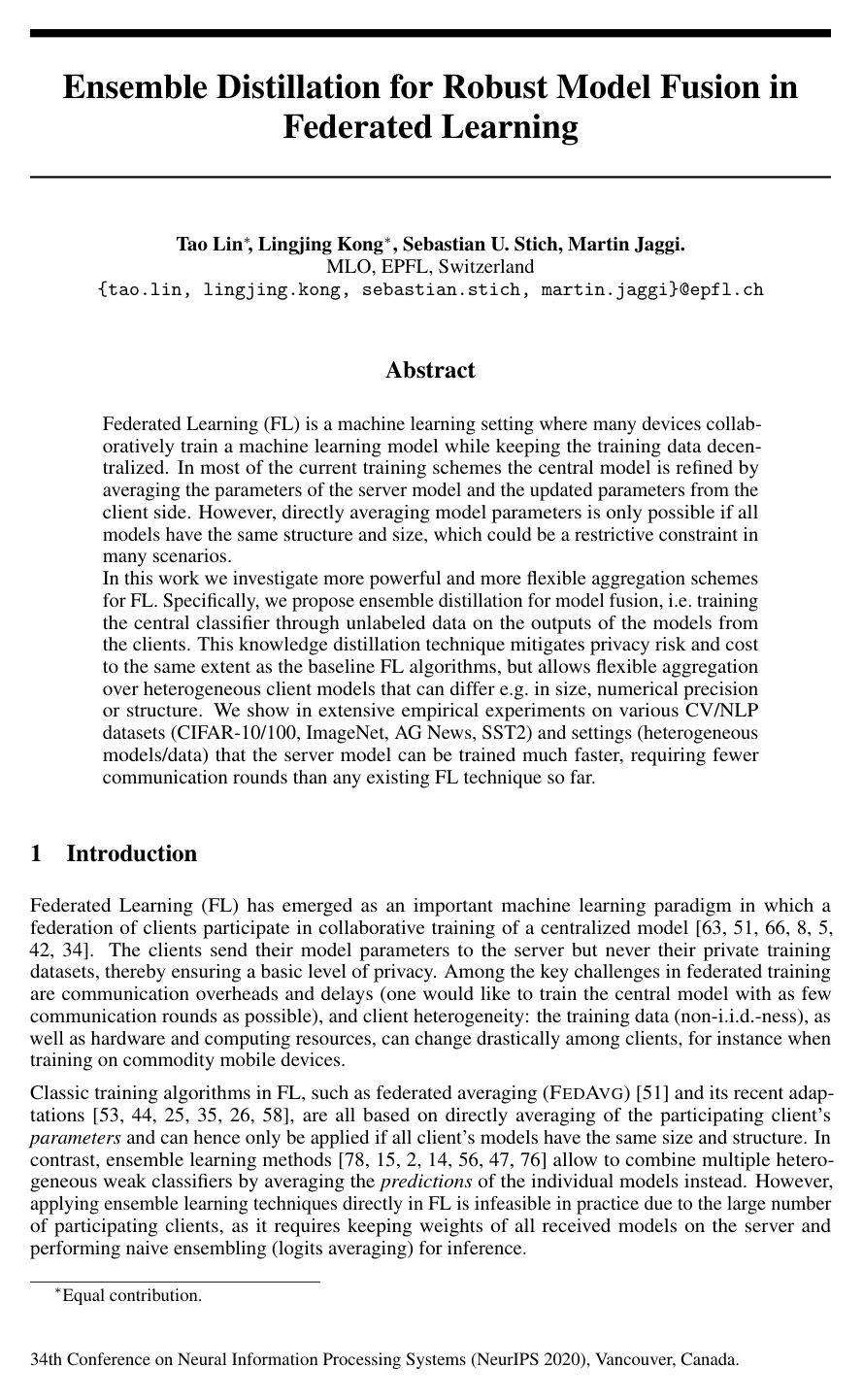 Ensemble Distillation for Robust Model Fusion in Federated Learning