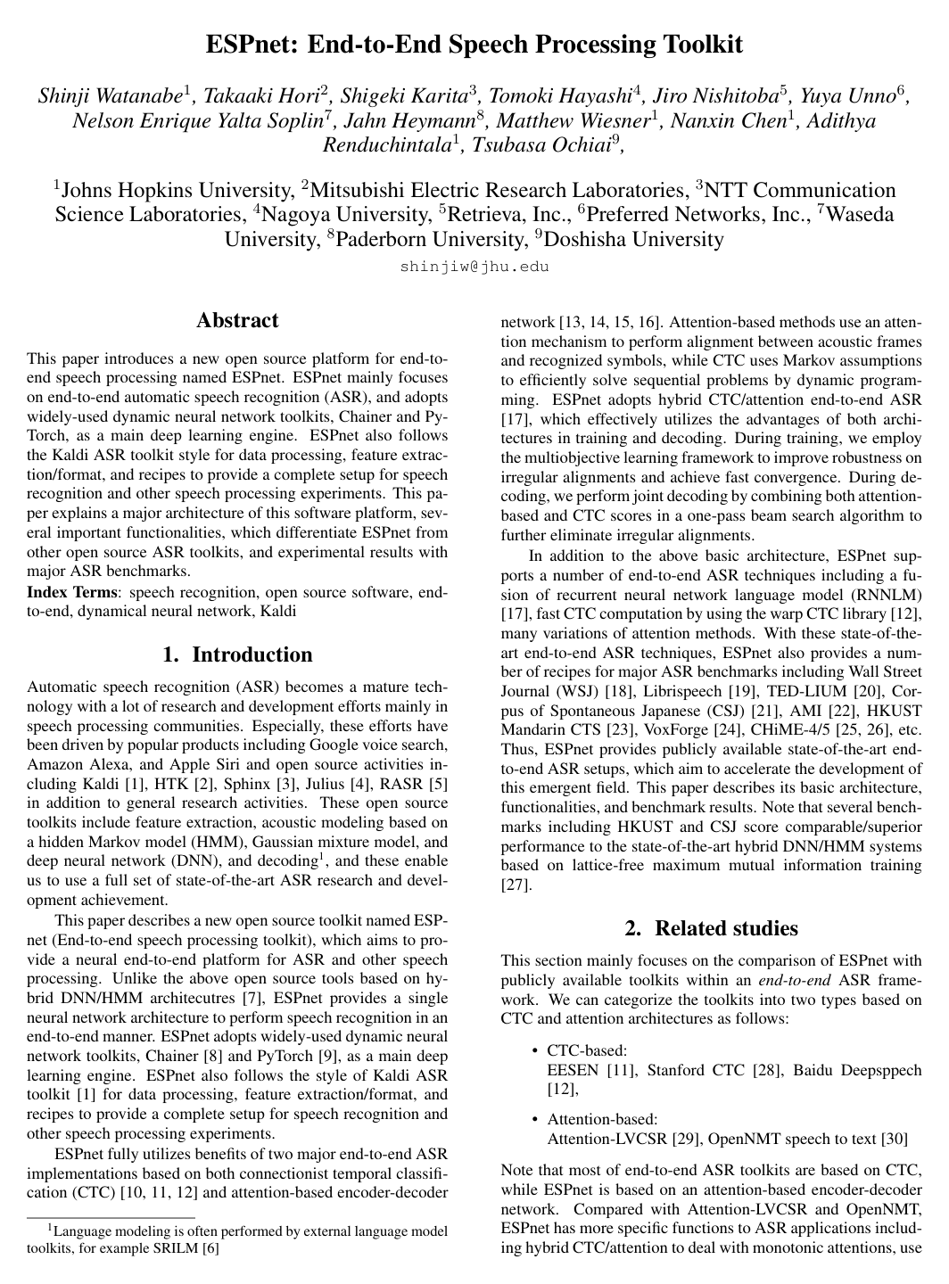 Cover for ESPnet: End-to-End Speech Processing Toolkit