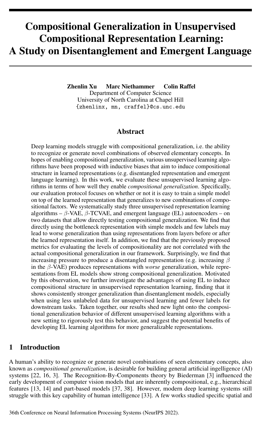 Cover for Compositional Generalization in Unsupervised Compositional Representation Learning: A Study on Disentanglement and Emergent Language
